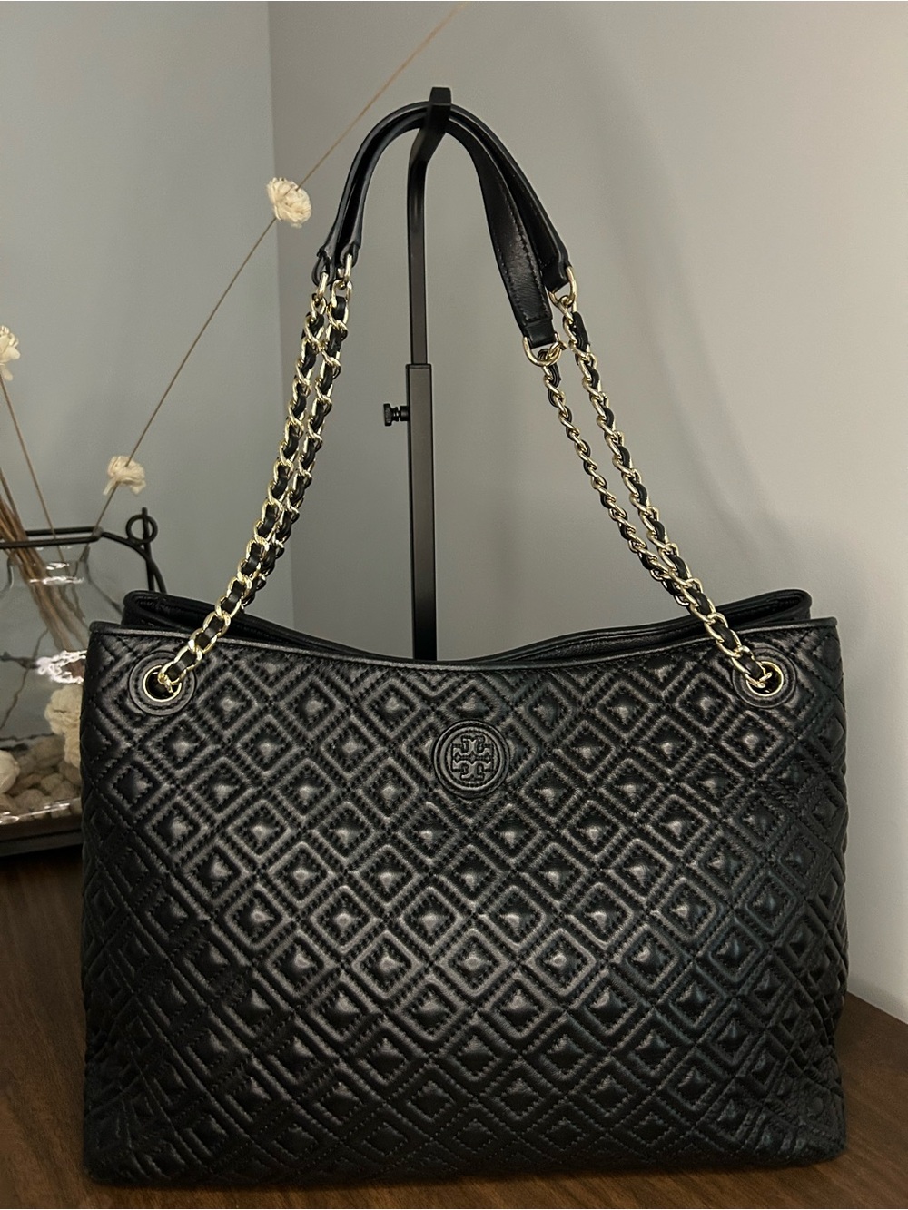 Tory Burch Marion Quilted Chain Handle Black Tote